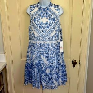 Calvin Klein White & Blue Polyester Chiffon Flounce Dress, Size 10, NWT